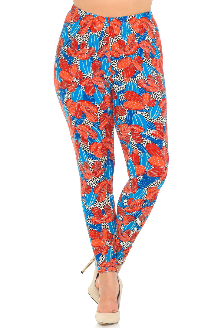 Plus Size - Buttery Soft Red and Blue Cactus Print Leggings