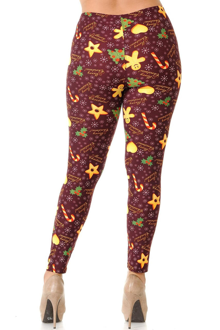Buttery Soft Merry Christmas Treats and Cookies Plus Size Leggings (One Size Plus,Burgundy)
