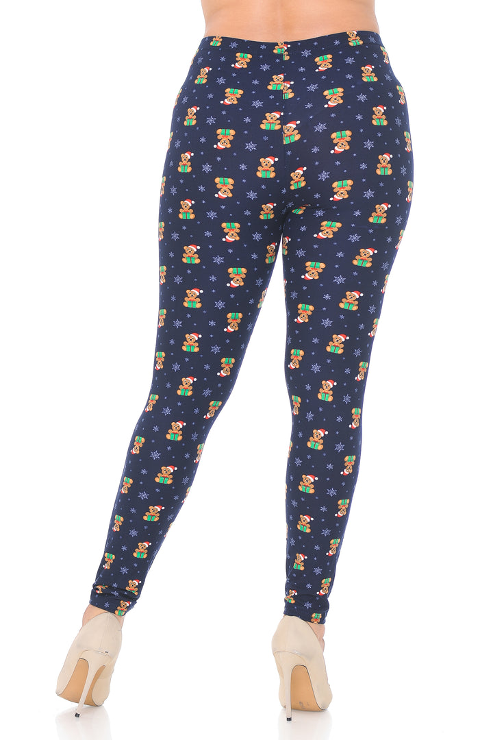 Buttery Soft Christmas Teddy Bears Plus size Leggings (One Size Plus,Navy)