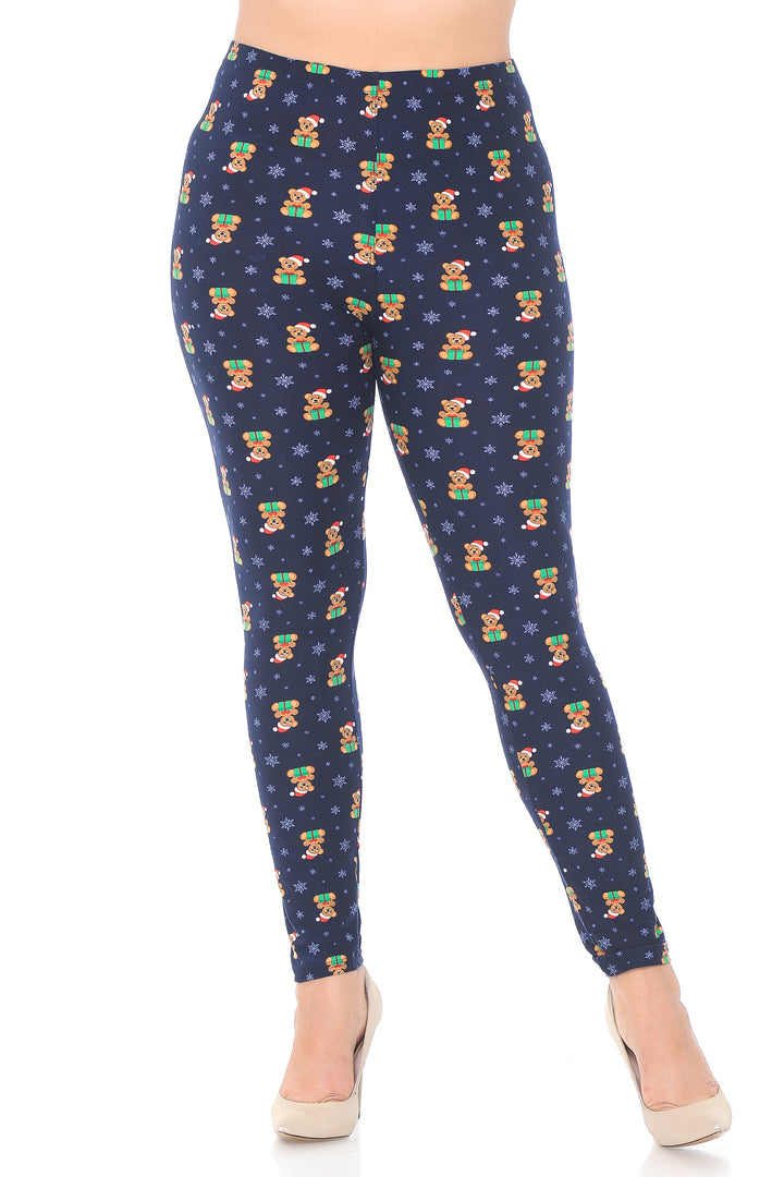 Buttery Soft Christmas Teddy Bears Plus size Leggings (One Size Plus,Navy)