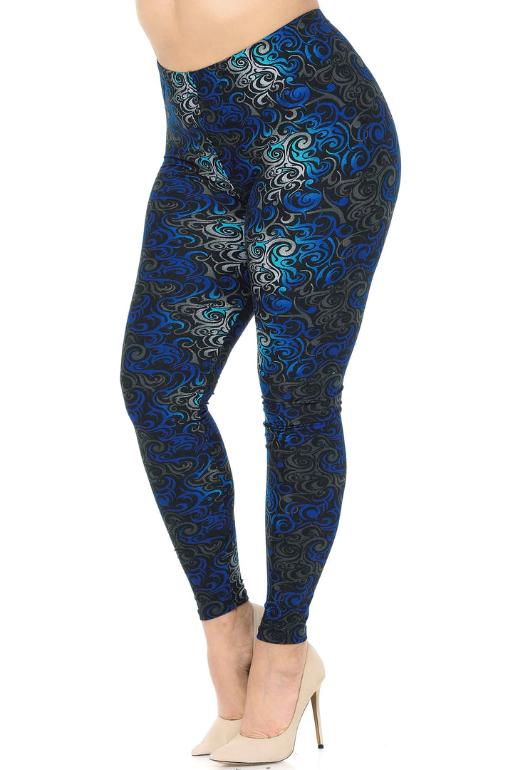 Buttery Soft Blue Tangled Swirl Plus Size Leggings (One Size Plus,Blue)