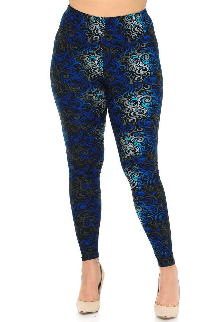 Buttery Soft Blue Tangled Swirl Plus Size Leggings (One Size Plus,Blue)
