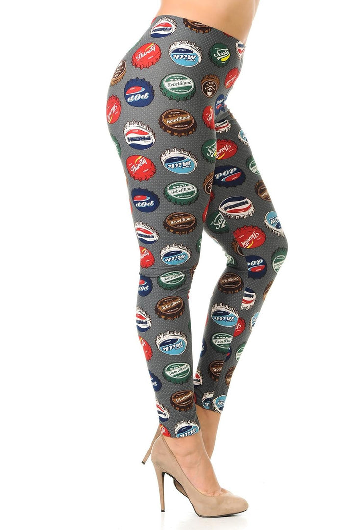 Plus Size - Buttery Soft Groovy Bottle Cap Print Leggings