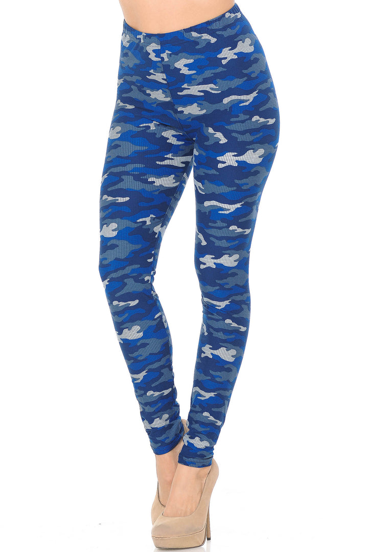 Buttery Soft Blue Grid Camouflage Plus Size Leggings (One Size Plus,Blue)