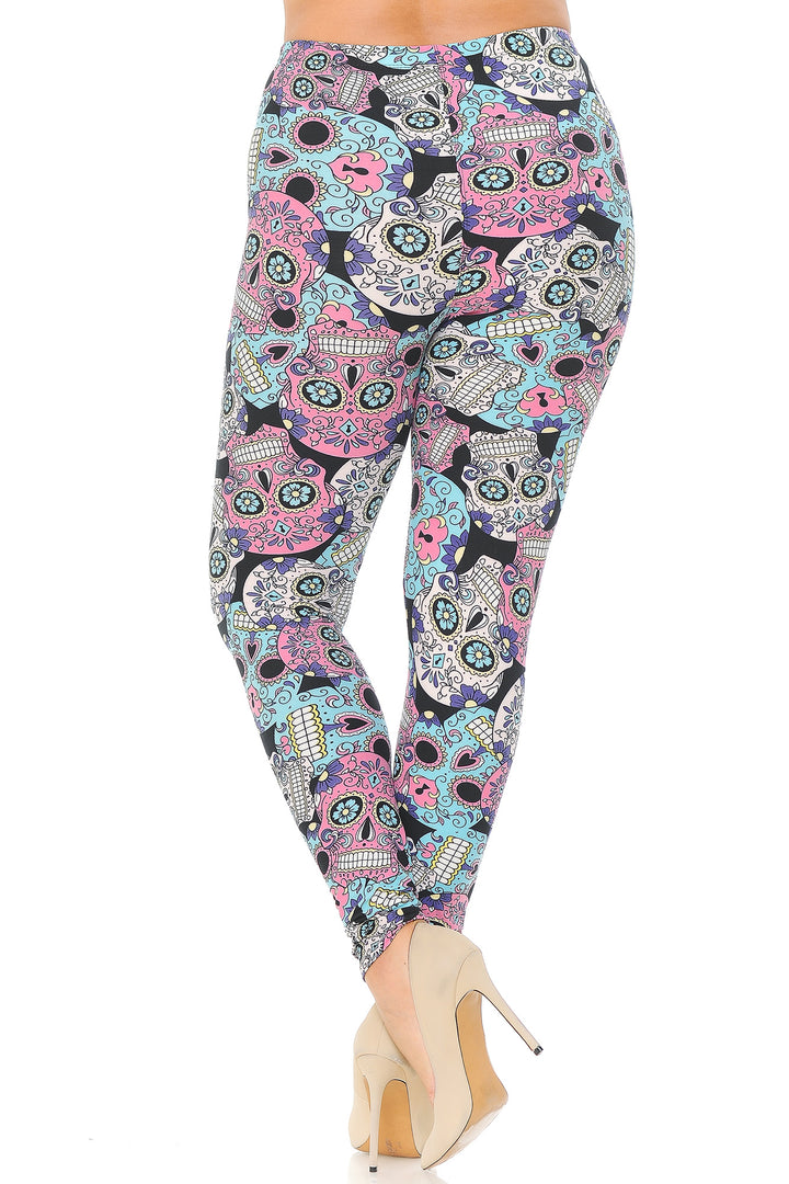 Plus Size - Buttery Soft Pastel Sugar Skull Print Leggings