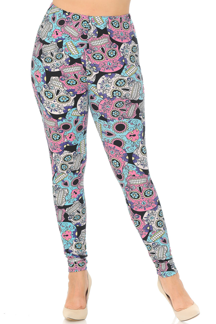 Plus Size - Buttery Soft Pastel Sugar Skull Print Leggings