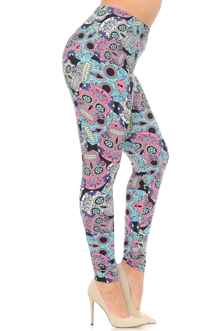 Plus Size - Buttery Soft Pastel Sugar Skull Print Leggings