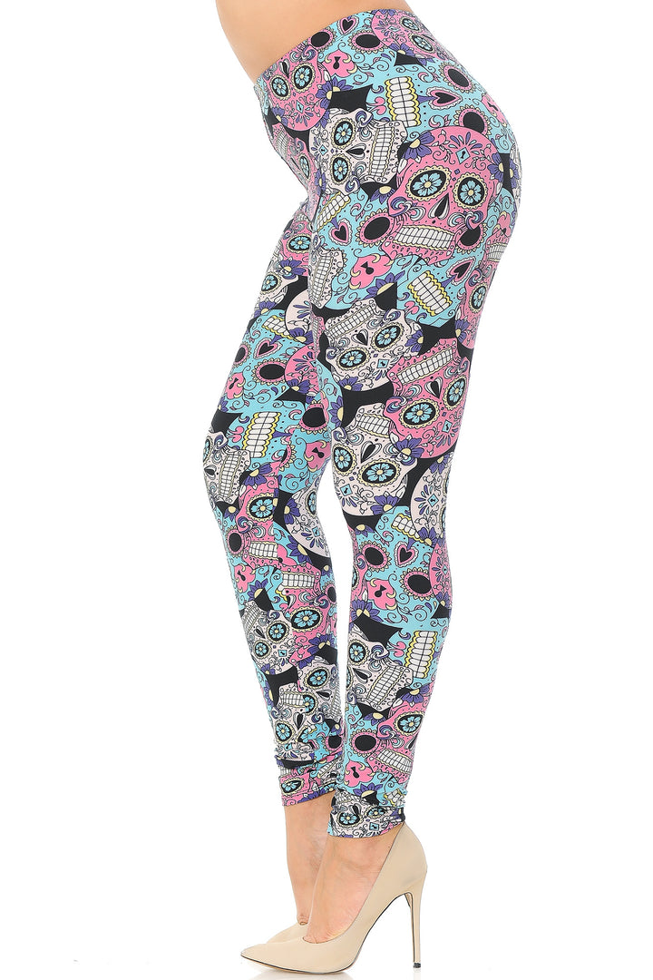 Plus Size - Buttery Soft Pastel Sugar Skull Print Leggings