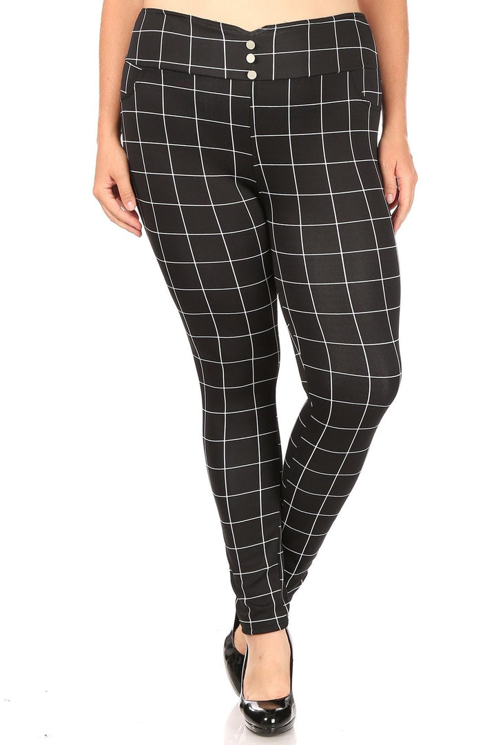 High Waisted Grid Print Button Detail Treggings with Pockets - Plus Size - 1XL 2XL 3XL