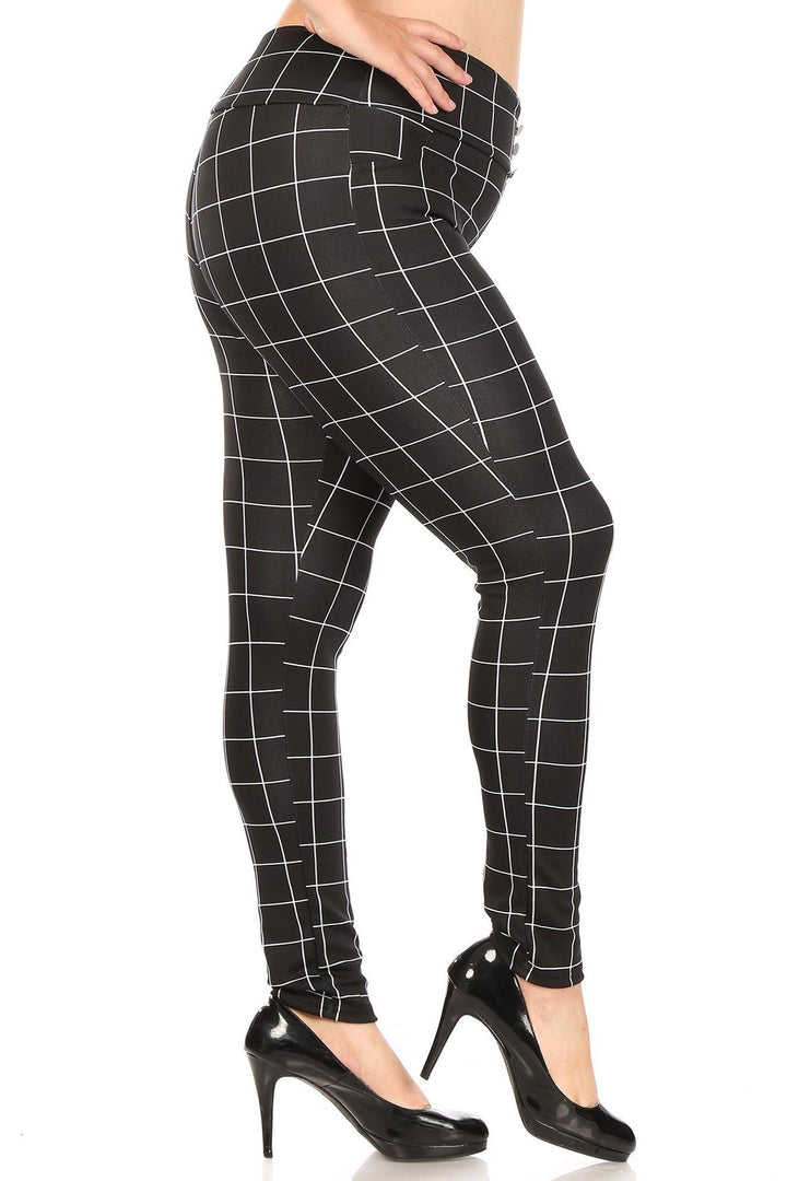 High Waisted Grid Print Button Detail Treggings with Pockets - Plus Size - 1XL 2XL 3XL