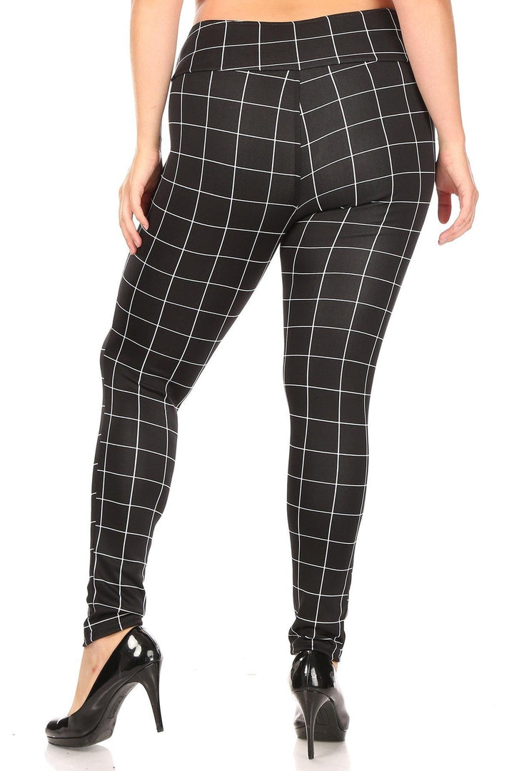 High Waisted Grid Print Button Detail Treggings with Pockets - Plus Size - 1XL 2XL 3XL