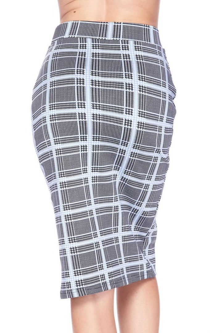 Silky Soft Scuba Baby Blue Glen Plaid Plus Size Pencil Skirt with Front Slit