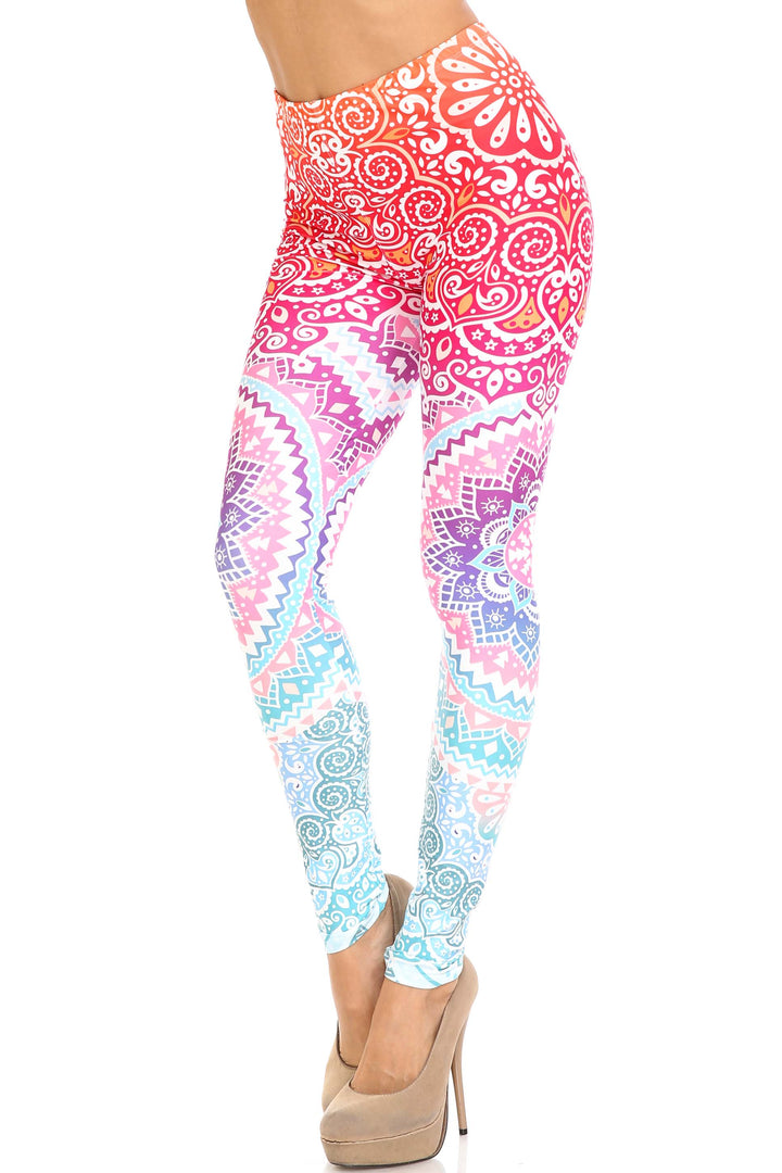 Plus Size - Creamy Soft Women's Laser Print Skin Smoothing Fashion Print Leggings - Ombre Mandala Aztec
