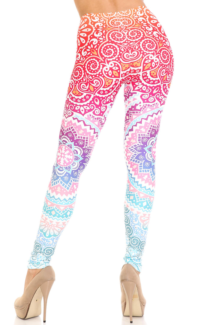 Plus Size - Creamy Soft Women's Laser Print Skin Smoothing Fashion Print Leggings - Ombre Mandala Aztec