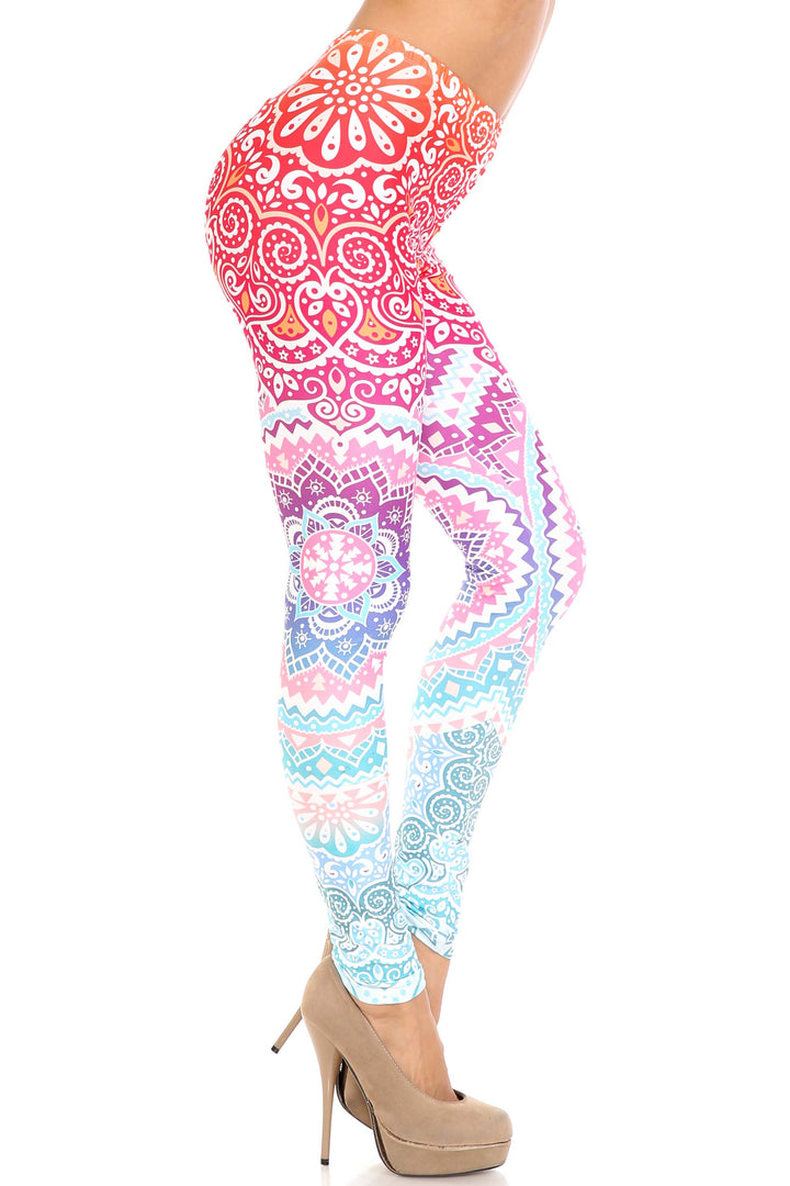 Plus Size - Creamy Soft Women's Laser Print Skin Smoothing Fashion Print Leggings - Ombre Mandala Aztec