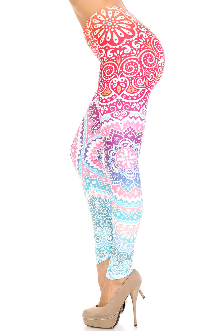 Plus Size - Creamy Soft Women's Laser Print Skin Smoothing Fashion Print Leggings - Ombre Mandala Aztec