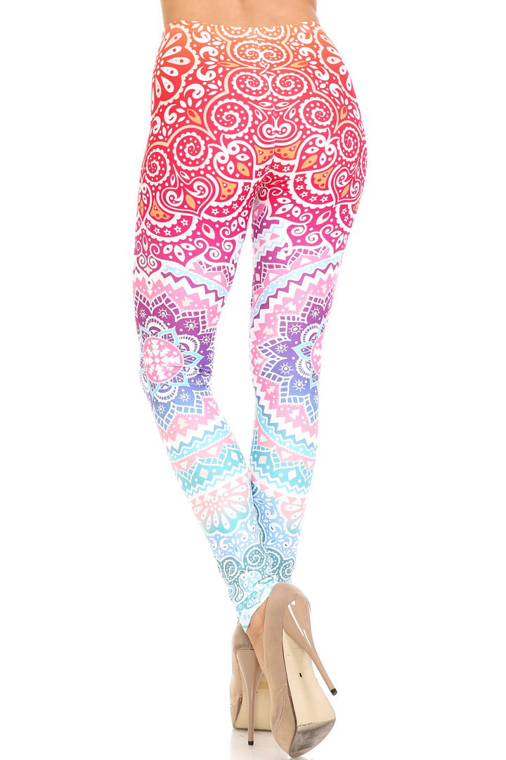 Plus Size - Creamy Soft Women's Laser Print Skin Smoothing Fashion Print Leggings - Ombre Mandala Aztec