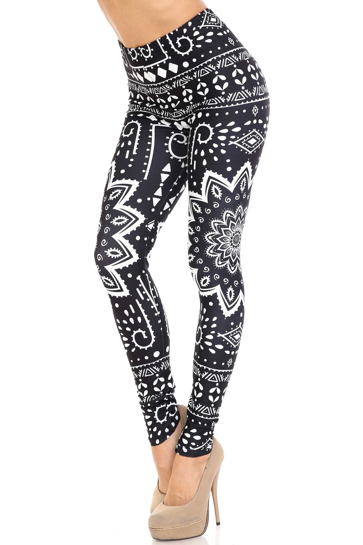 Plus Size - Creamy Soft Women's Laser Print Skin Smoothing Fashion Print Leggings - Black Tribal Mandala