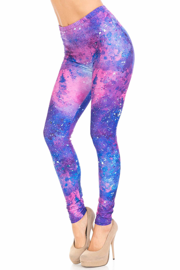 Plus Size - Creamy Soft Women's Laser Print Skin Smoothing Fashion Print Leggings - Blue Fuchsia Nebula