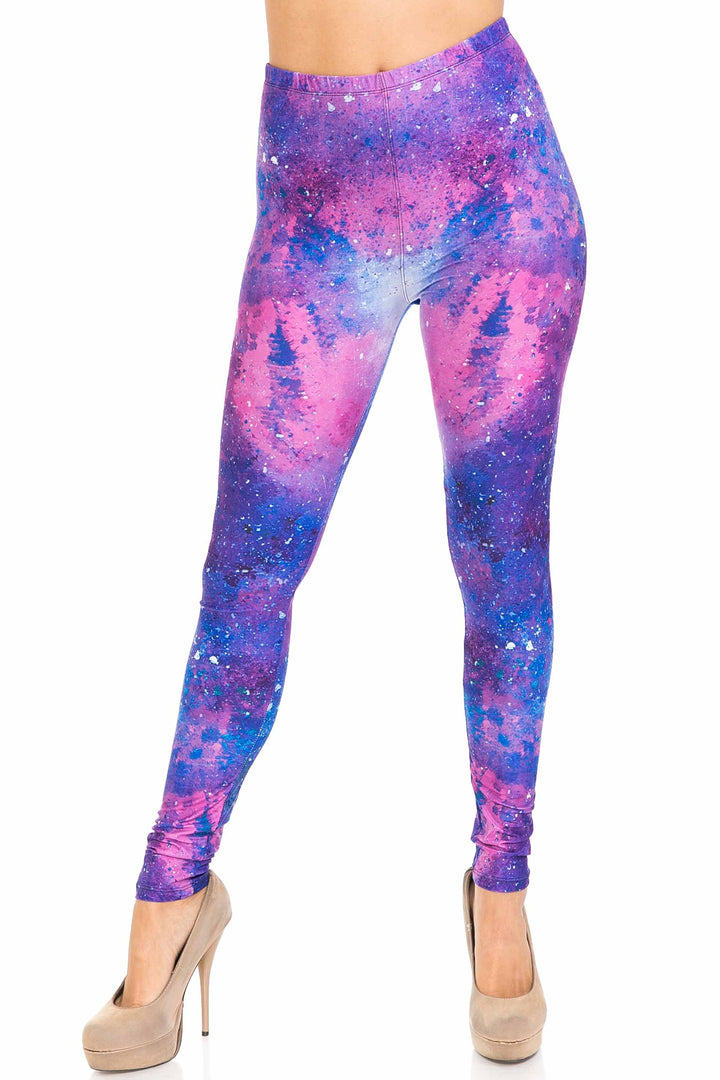Plus Size - Creamy Soft Women's Laser Print Skin Smoothing Fashion Print Leggings - Blue Fuchsia Nebula