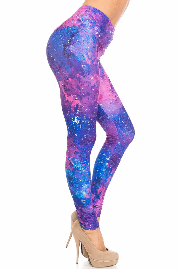 Plus Size - Creamy Soft Women's Laser Print Skin Smoothing Fashion Print Leggings - Blue Fuchsia Nebula
