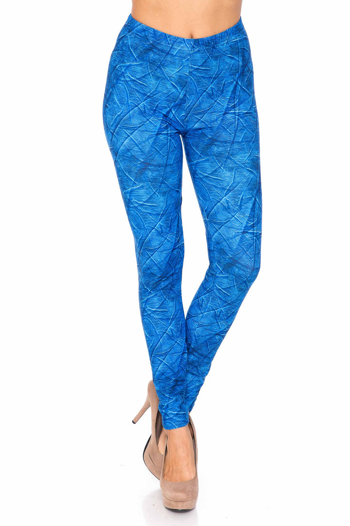 Plus Size - Creamy Soft Women's Laser Print Skin Smoothing Fashion Print Leggings - Blue Wrinkled Denim