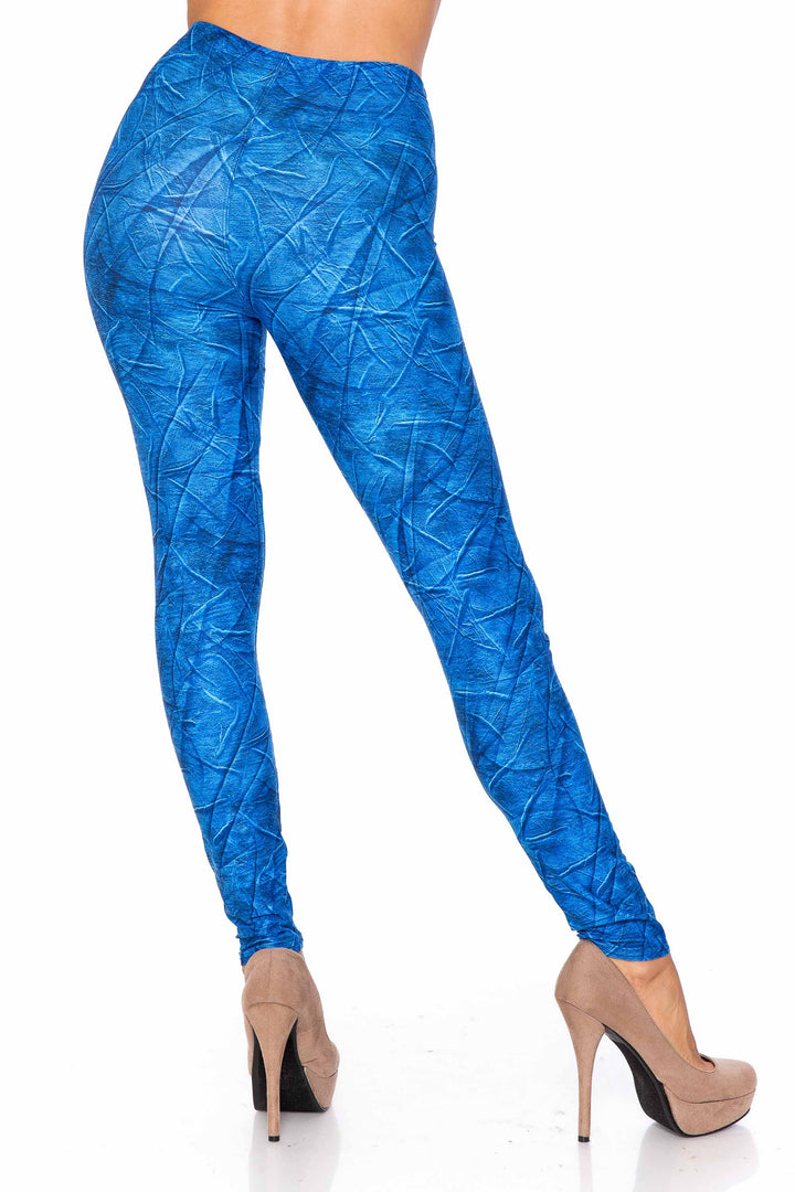 Plus Size - Creamy Soft Women's Laser Print Skin Smoothing Fashion Print Leggings - Blue Wrinkled Denim