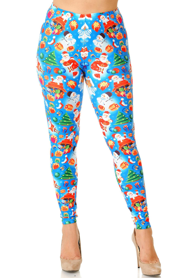Creamy Soft Festive Blue Christmas Plus Size Leggings (One Size Plus,Blue)