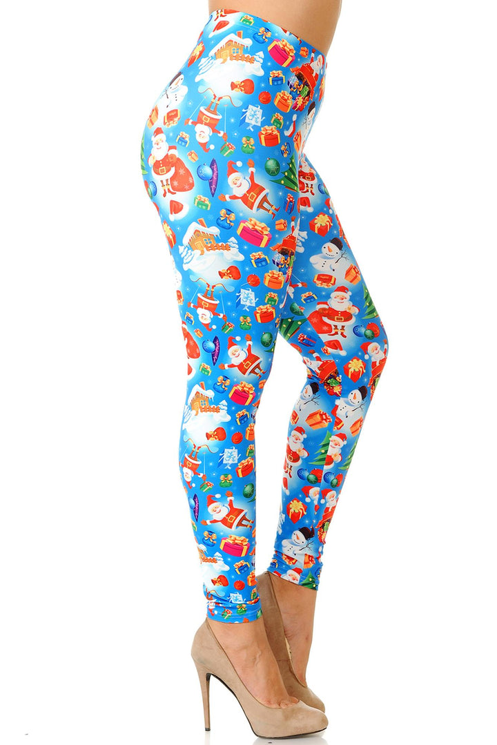 Creamy Soft Festive Blue Christmas Plus Size Leggings (One Size Plus,Blue)