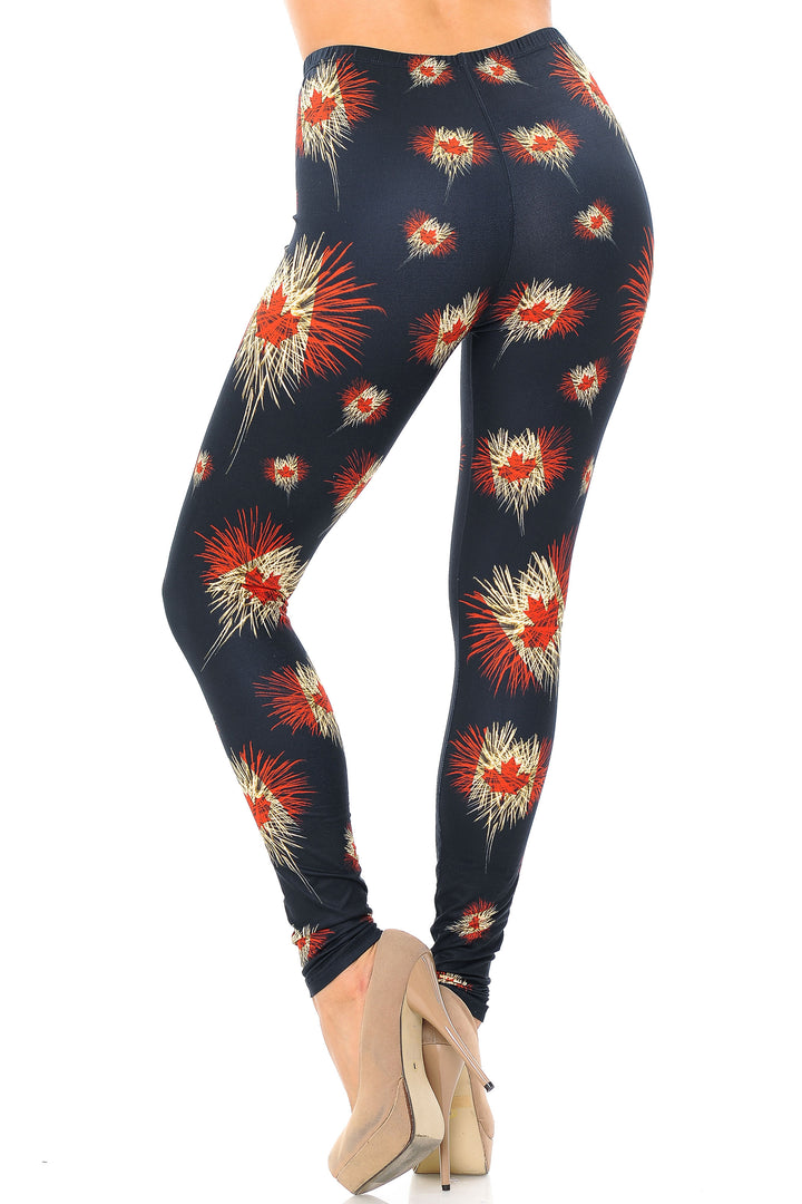 Creamy Soft Premium Women's Leggings Canadian Flag Fireworks Plus Size, High Rise, Stretchy & Breathable, Comfortable Fit - by USA Fashion