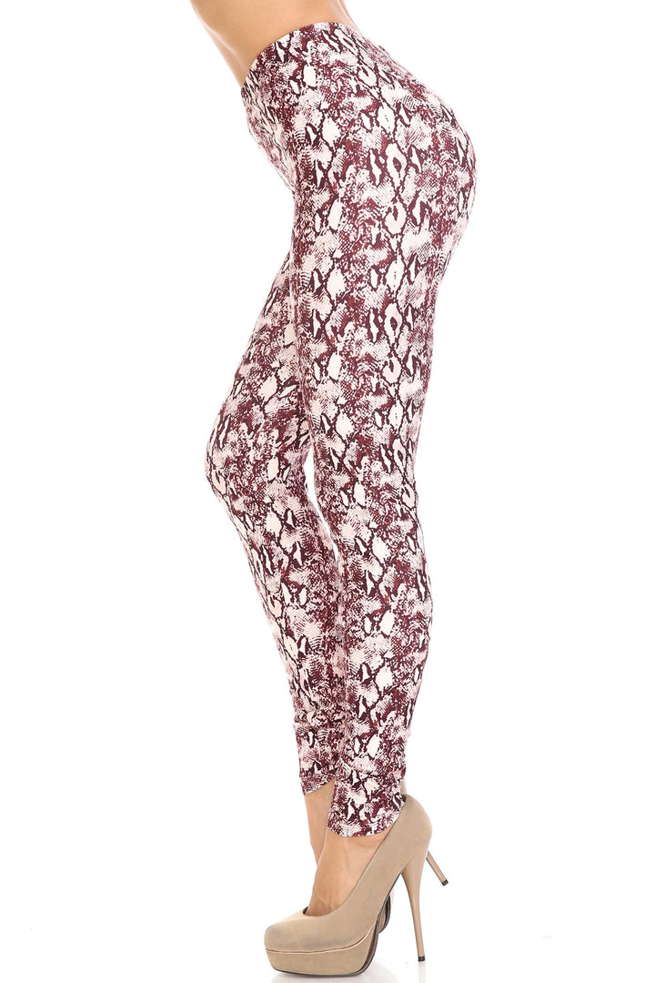Plus Size - Creamy Soft Women's Laser Print Skin Smoothing Fashion Print Leggings - Crimson Snakeskin