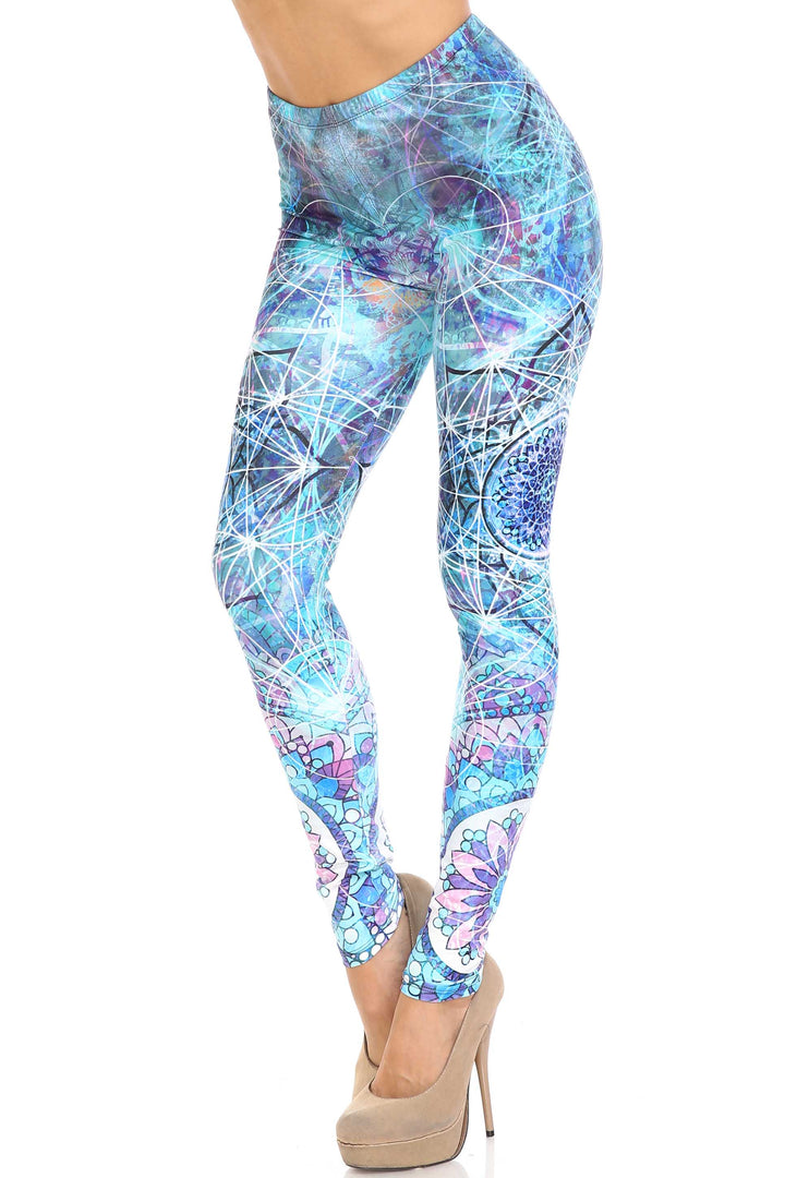 Plus Size - Creamy Soft Women's Laser Print Skin Smoothing Fashion Print Leggings - Cyan Mandala