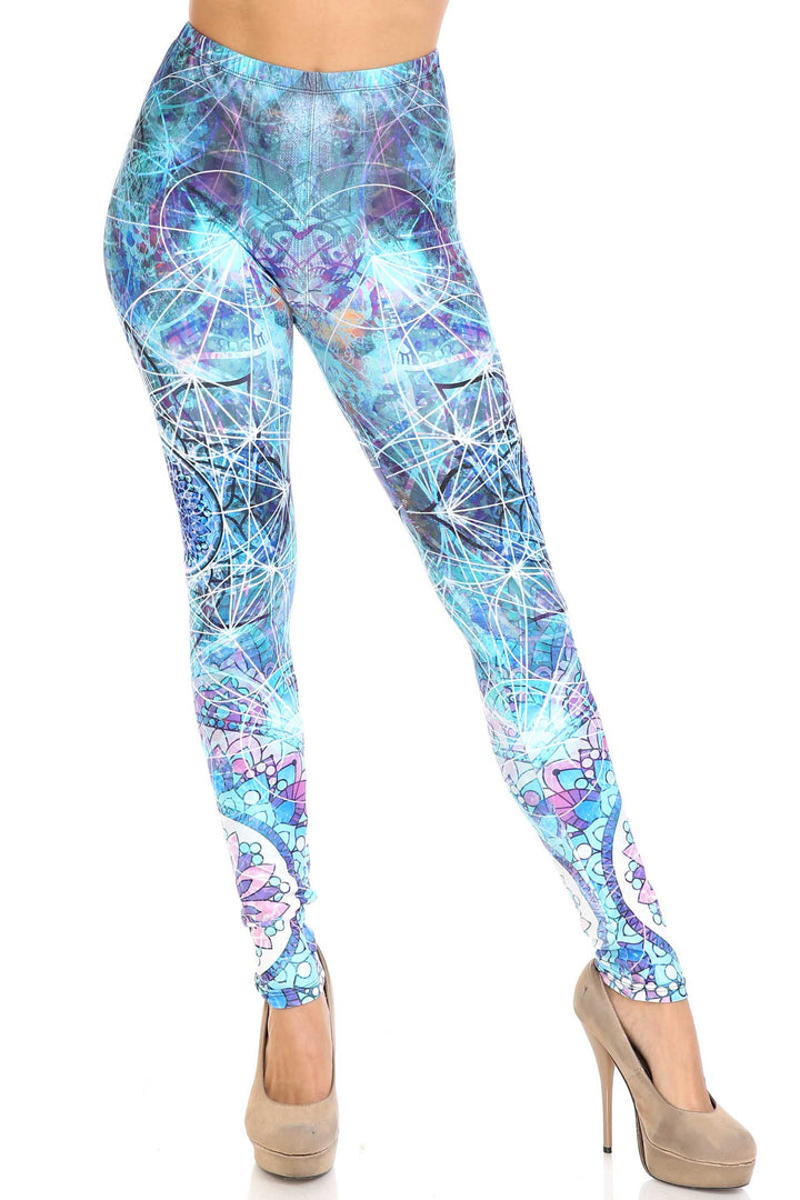 Plus Size - Creamy Soft Women's Laser Print Skin Smoothing Fashion Print Leggings - Cyan Mandala