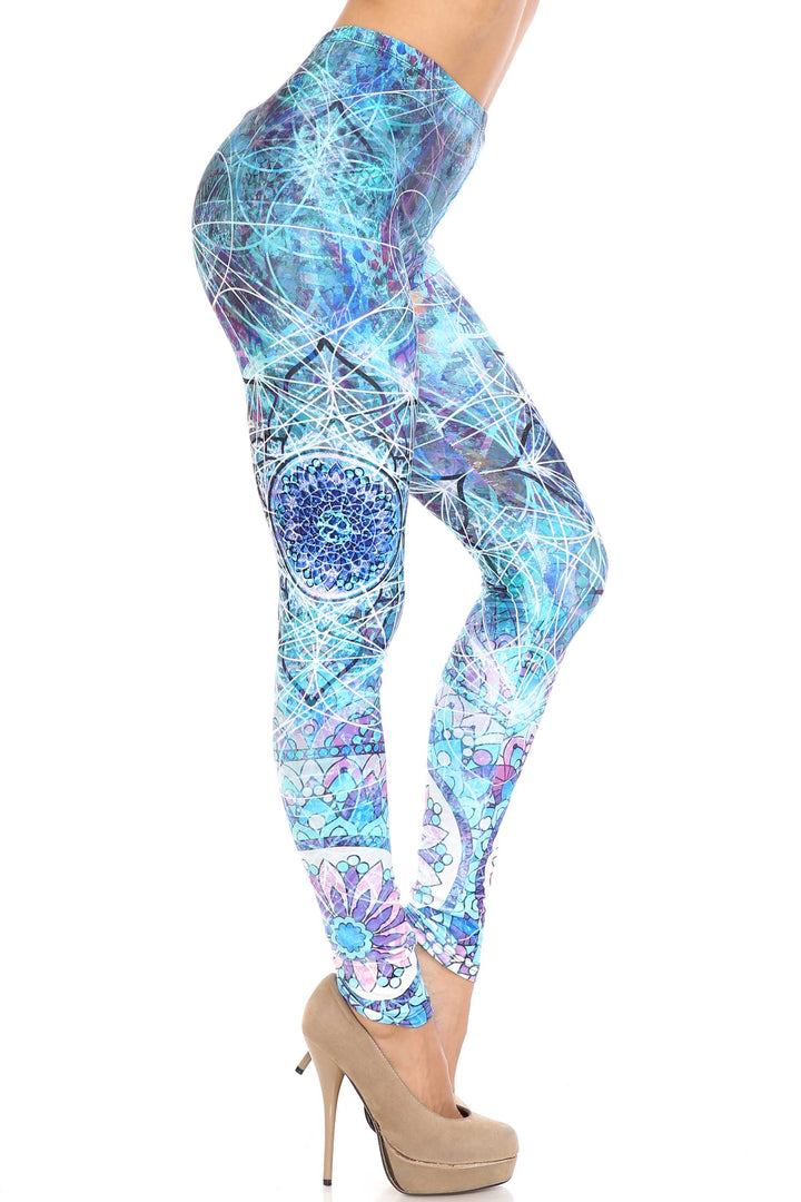 Plus Size - Creamy Soft Women's Laser Print Skin Smoothing Fashion Print Leggings - Cyan Mandala