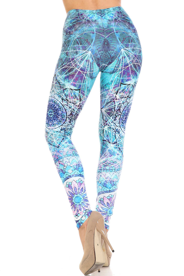 Plus Size - Creamy Soft Women's Laser Print Skin Smoothing Fashion Print Leggings - Cyan Mandala