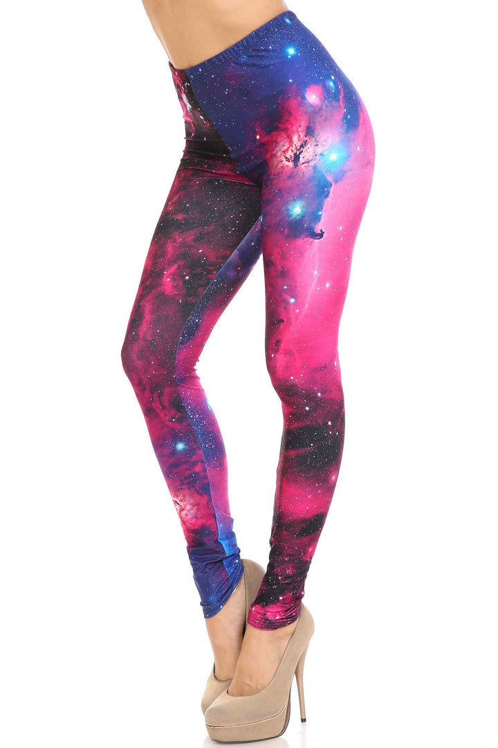 Plus Size - Creamy Soft Women's Laser Print Skin Smoothing Fashion Print Leggings - Fuchsia Galaxy