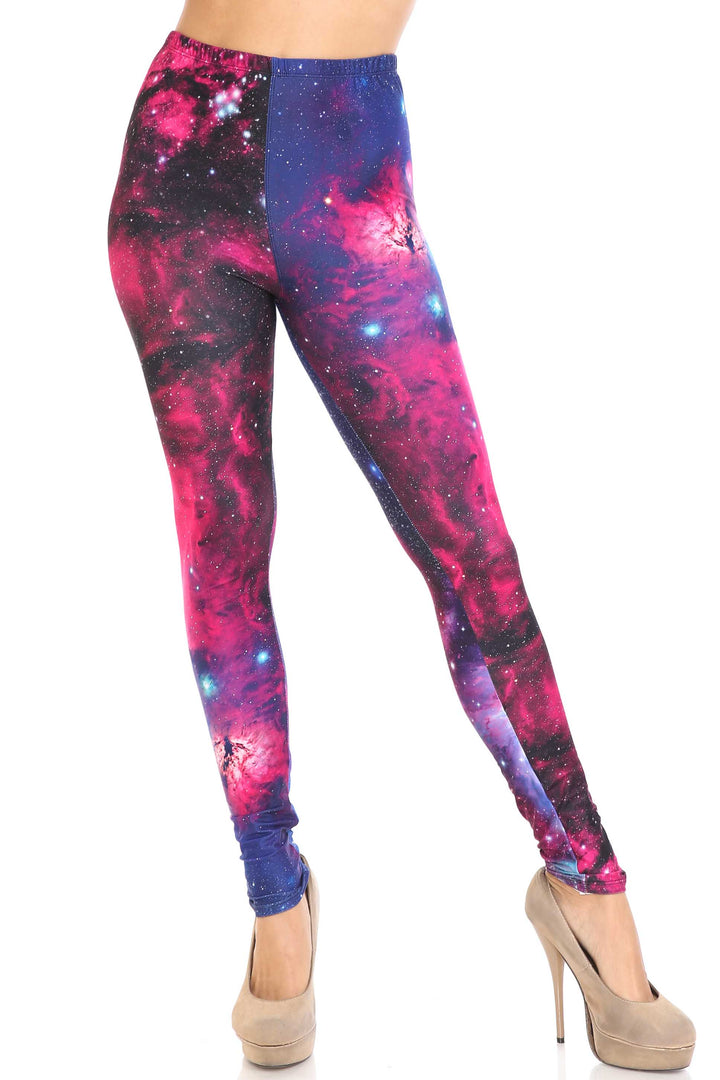 Plus Size - Creamy Soft Women's Laser Print Skin Smoothing Fashion Print Leggings - Fuchsia Galaxy