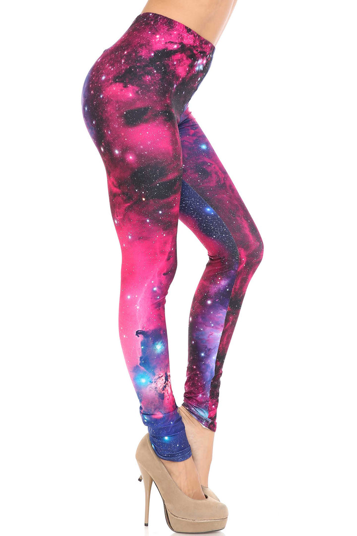 Plus Size - Creamy Soft Women's Laser Print Skin Smoothing Fashion Print Leggings - Fuchsia Galaxy