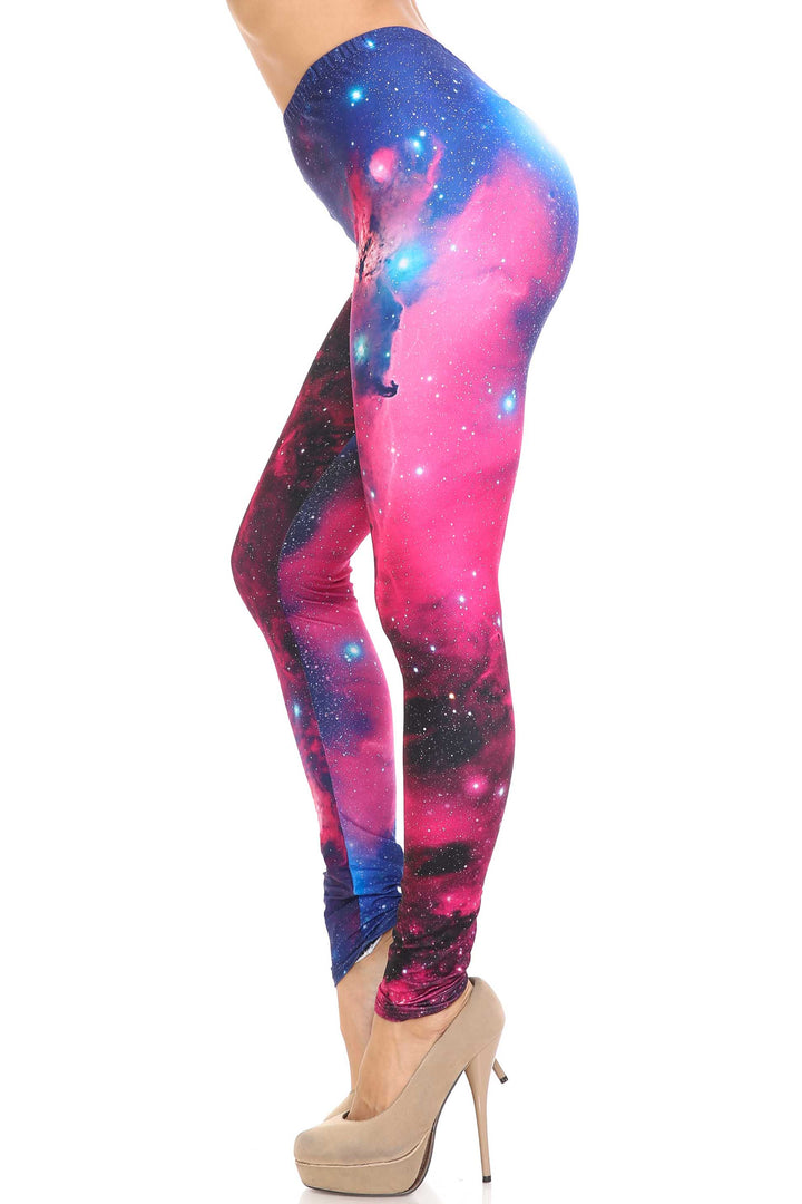 Plus Size - Creamy Soft Women's Laser Print Skin Smoothing Fashion Print Leggings - Fuchsia Galaxy