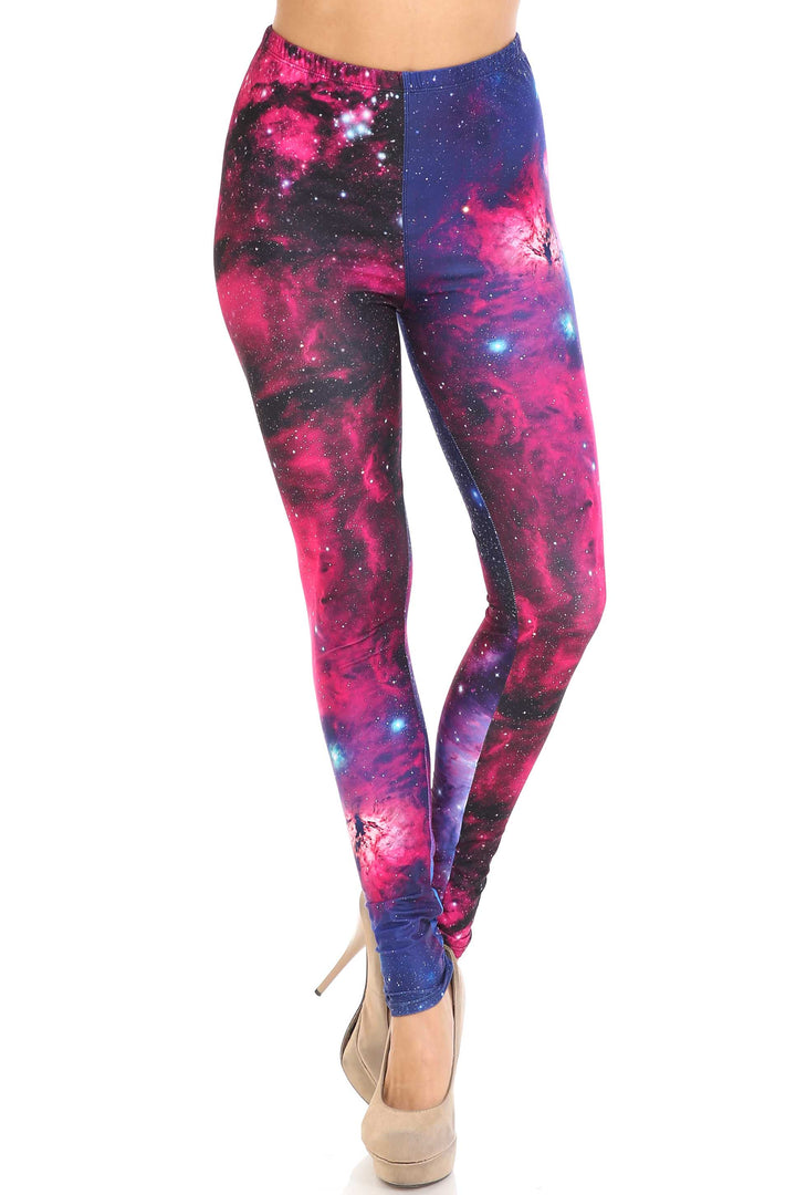 Plus Size - Creamy Soft Women's Laser Print Skin Smoothing Fashion Print Leggings - Fuchsia Galaxy