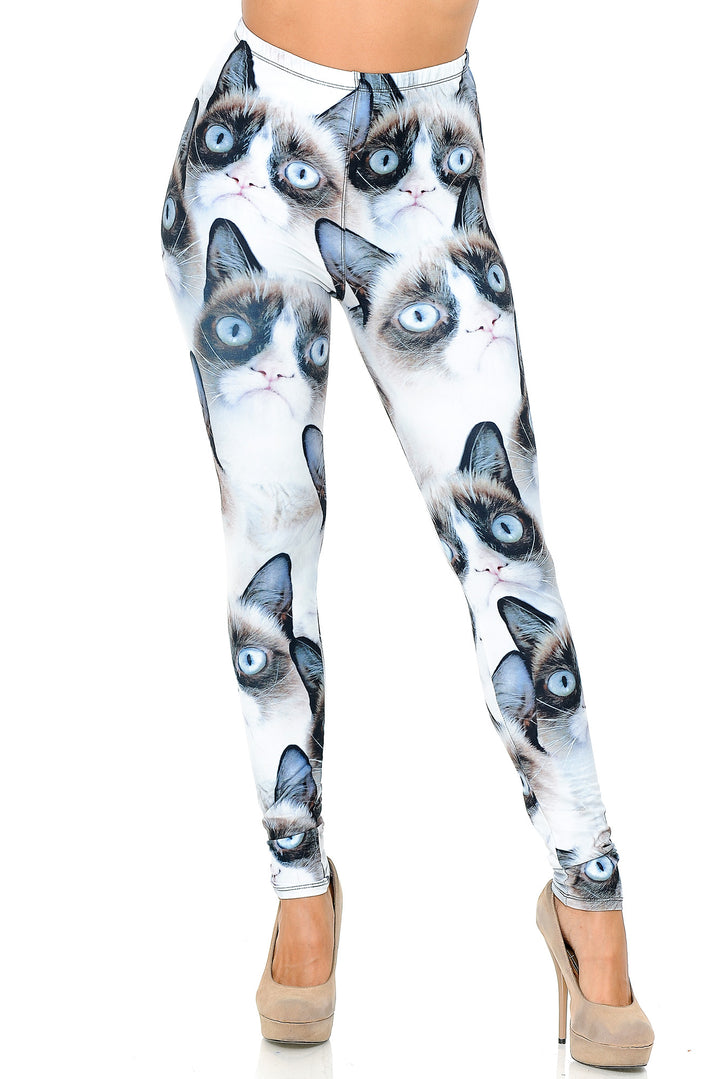 Creamy Soft Premium Women's Leggings Grumpy Cat Plus Size, High Rise, Stretchy & Breathable, Comfortable Fit - by USA Fashion