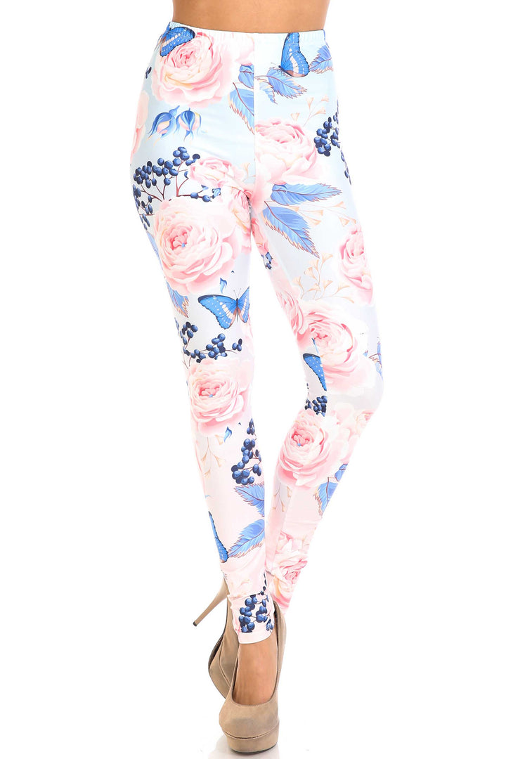 Creamy Soft Premium Women's Leggings Butterflies and Jumbo Pink Roses Plus Size, High Rise, Stretchy & Breathable, Comfortable Fit - by USA Fashion