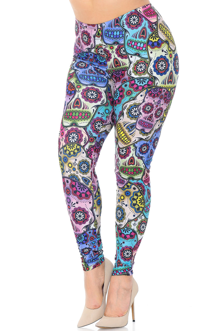 Plus Size - Creamy Soft Women's Laser Print Skin Smoothing Fashion Print Leggings - Sugar Skull