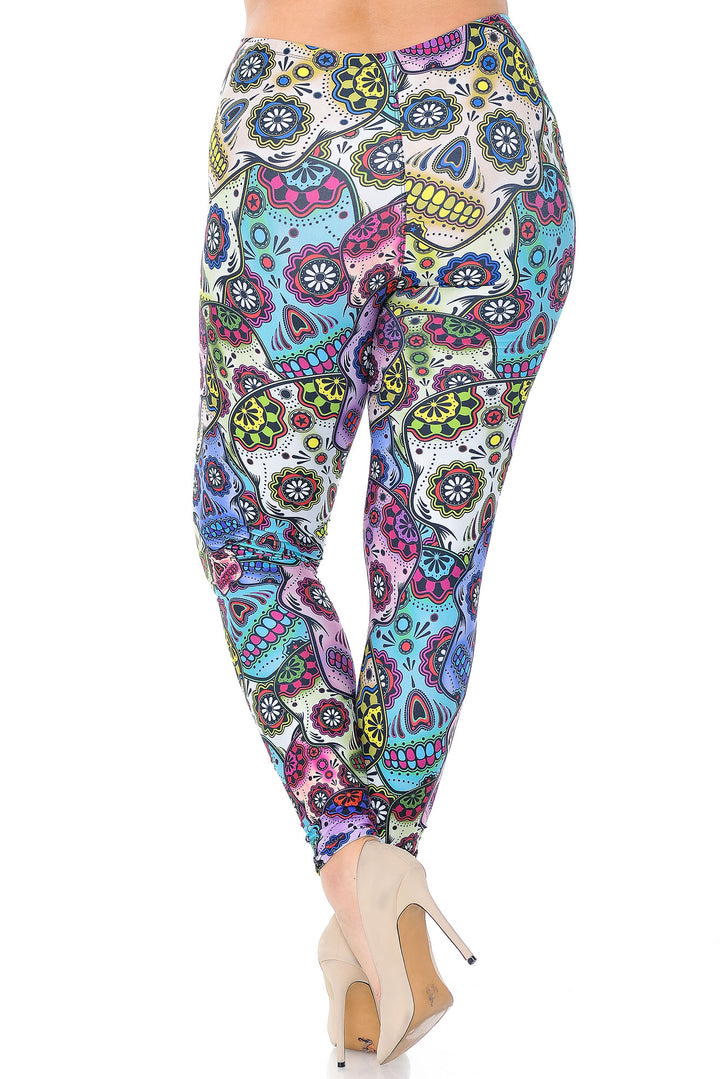 Plus Size - Creamy Soft Women's Laser Print Skin Smoothing Fashion Print Leggings - Sugar Skull