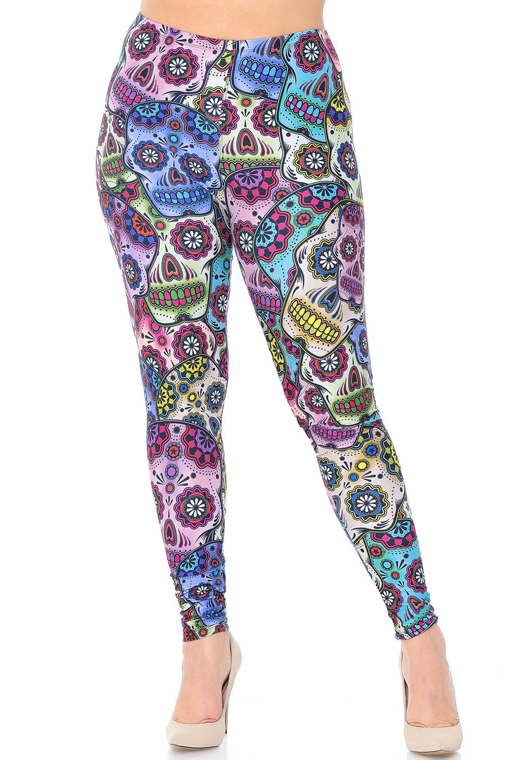 Plus Size - Creamy Soft Women's Laser Print Skin Smoothing Fashion Print Leggings - Sugar Skull