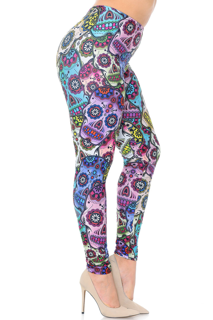 Plus Size - Creamy Soft Women's Laser Print Skin Smoothing Fashion Print Leggings - Sugar Skull