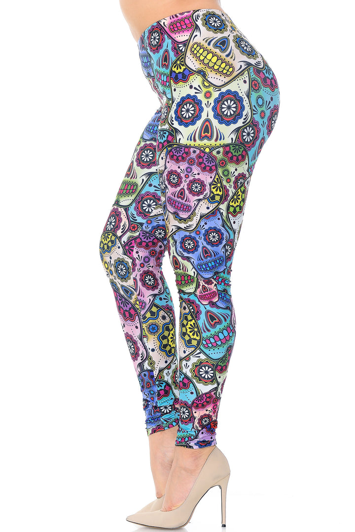 Plus Size - Creamy Soft Women's Laser Print Skin Smoothing Fashion Print Leggings - Sugar Skull