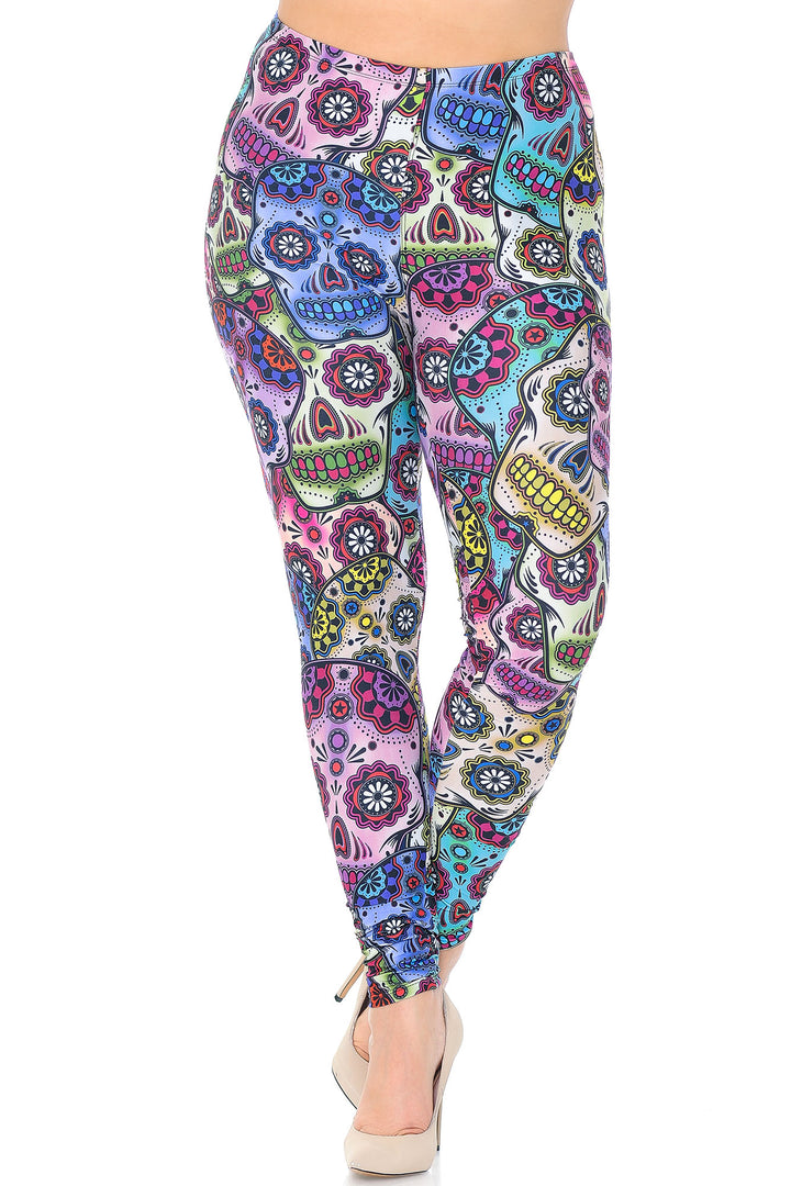 Plus Size - Creamy Soft Women's Laser Print Skin Smoothing Fashion Print Leggings - Sugar Skull