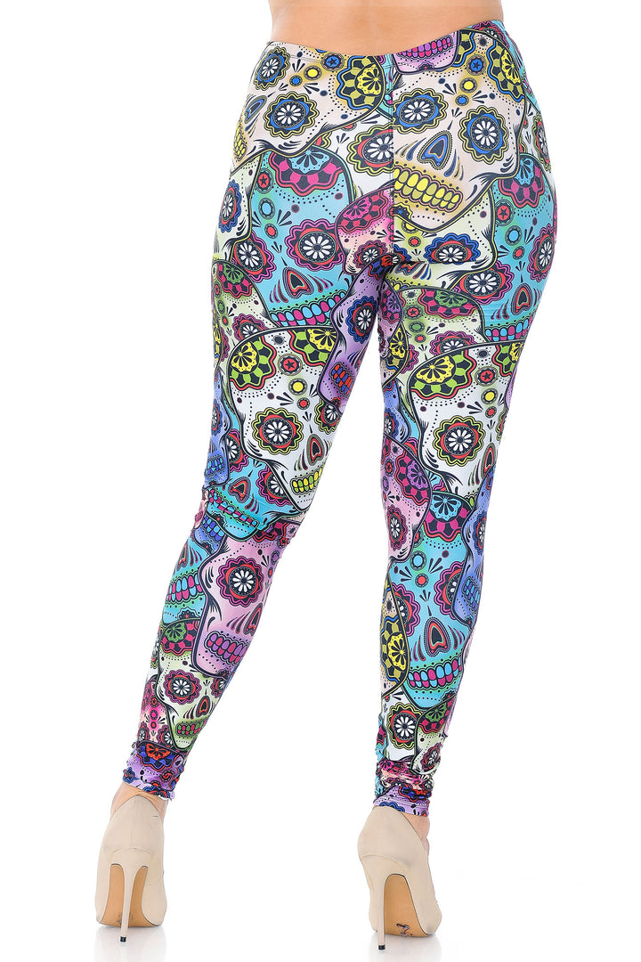 Plus Size - Creamy Soft Women's Laser Print Skin Smoothing Fashion Print Leggings - Sugar Skull