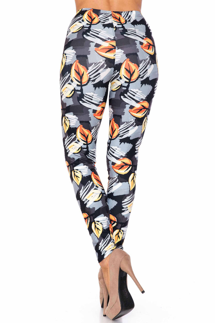 Creamy Soft Premium Women's Leggings Orange Leaf Breeze Plus Size, High Rise, Stretchy & Breathable, Comfortable Fit - by USA Fashion